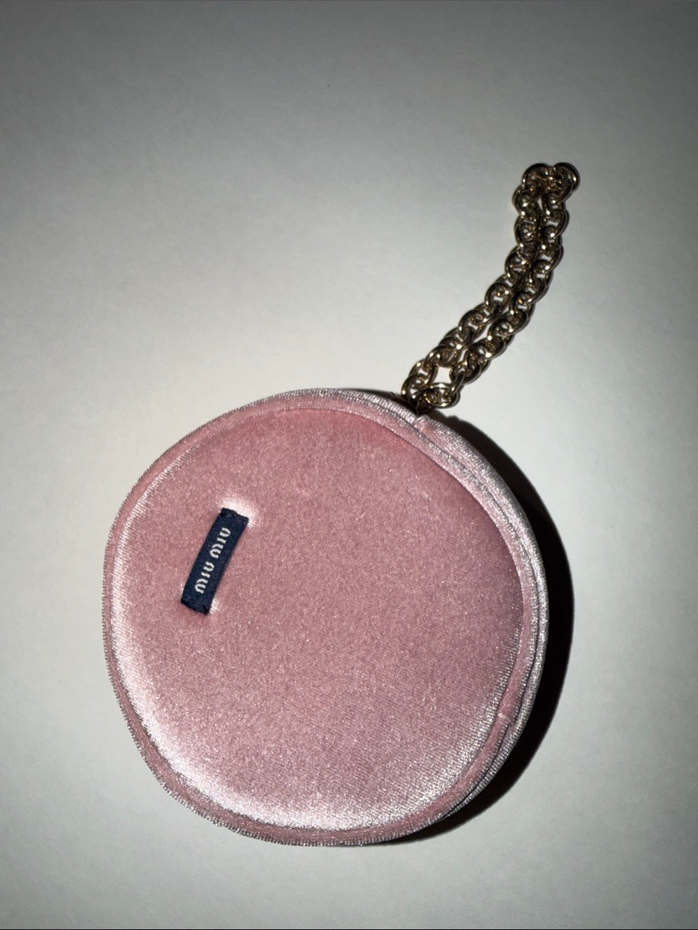 Miu Miu Blush Pink Velvet Round Wristlet with Gold Chain